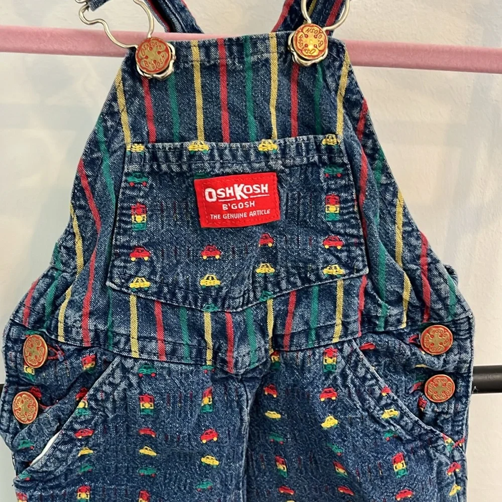 Vintage Oshkosh B’Gosh Car  Overalls Shirt Set Size 6-9 Months USA